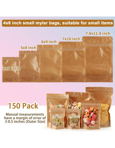 150 Bolsas de Mylar Reclosables Circloophs 10.16x15.24cm Kraft