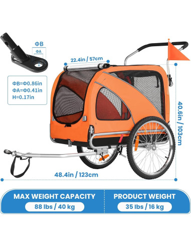 Remolque de Bicicleta para Mascotas Sepnine 40 kg Naranja
