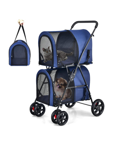Carrito de Mascotas Doble Giantex Marino con 2 Transportadoras