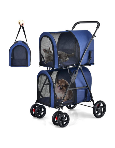 Carrito de Mascotas Doble Giantex Marino con 2 Transportadoras