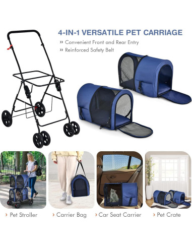 Carrito de Mascotas Doble Giantex Marino con 2 Transportadoras