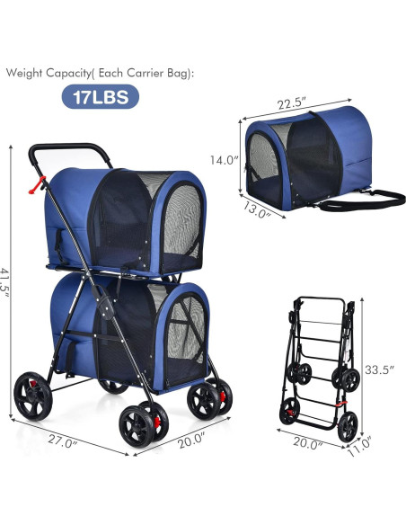Carrito de Mascotas Doble Giantex Marino con 2 Transportadoras