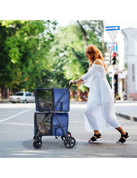 Carrito de Mascotas Doble Giantex Marino con 2 Transportadoras