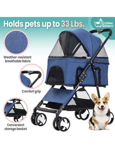 Carrito para Mascotas Critter Sitters Azul 15 kg 4 Ruedas Plegable