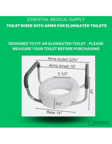 Asiento Elevado para Inodoro Essential Medical Alargado 8.9cm