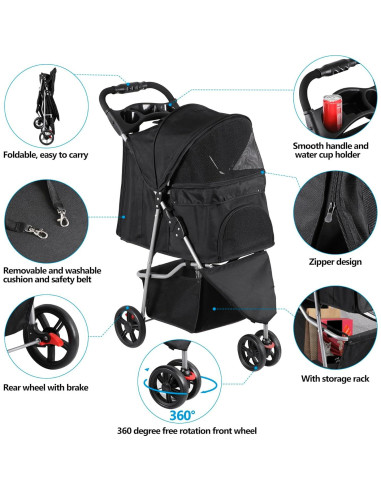 Carrito Plegable para Mascotas Pet Republic Negro 15kg