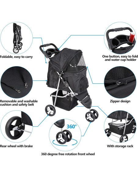 Carrito para Mascotas Epetlover 3 Ruedas Negro 15 kg