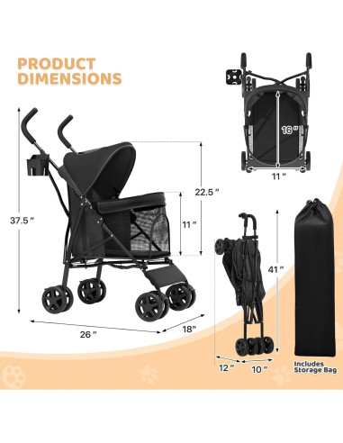 Carrito Plegable para Mascotas Magshion Negro hasta 10 kg
