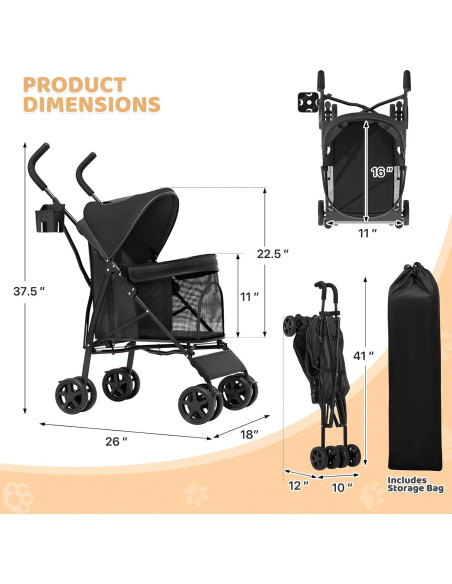 Carrito Plegable para Mascotas Magshion Negro hasta 10 kg