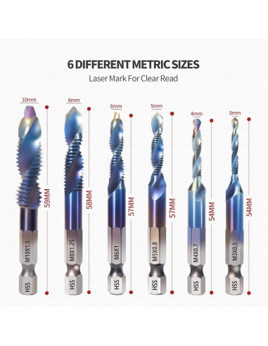 Juego de 6 Brocas y Machos ColumPRO Titanio 3 en 1 M3-M10
