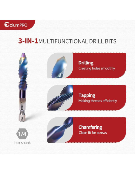 Juego de 6 Brocas y Machos ColumPRO Titanio 3 en 1 M3-M10