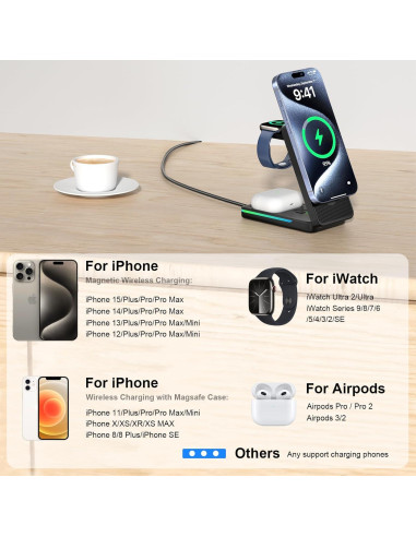 Estación de Carga Inalámbrica 3 en 1 Aukvite para iPhone 16/15/14/13/12