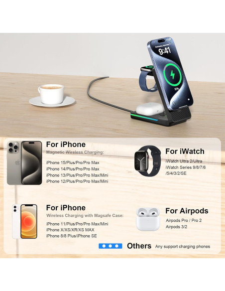 Estación de Carga Inalámbrica 3 en 1 Aukvite para iPhone 16/15/14/13/12