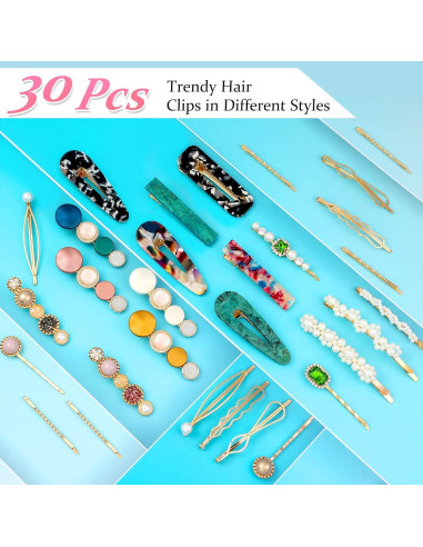 30 Pinzas de Resina Acrílica Cridoz para Cabello con Clips de Perlas