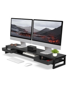 Soporte Doble para Monitor Fenge con Cajón, 108 cm, Negro