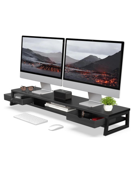 Soporte Doble para Monitor Fenge con Cajón, 108 cm, Negro