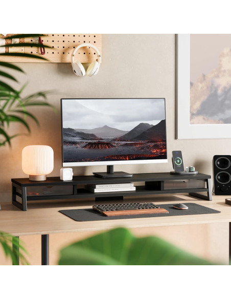 Soporte Doble para Monitor Fenge con Cajón, 108 cm, Negro