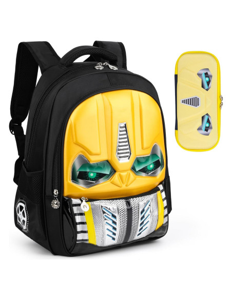 Mochila Escolar Niños Amarilla - Caricatura Luminosa con Estuche