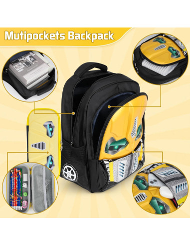 Mochila Escolar Niños Amarilla - Caricatura Luminosa con Estuche