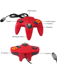 Juego de 2 Controladores Con Cable N64 USonline911 - Azul y Rojo 2