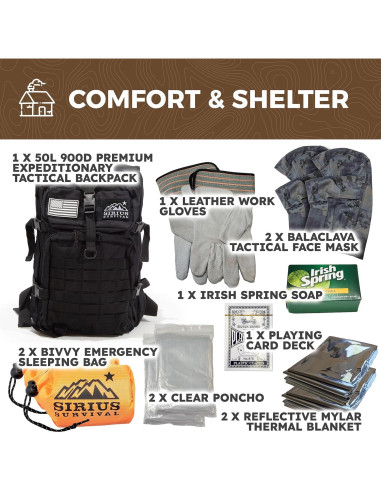 Mochila de Supervivencia Sirius Survival 50L - Kit de Emergencia 72 Horas