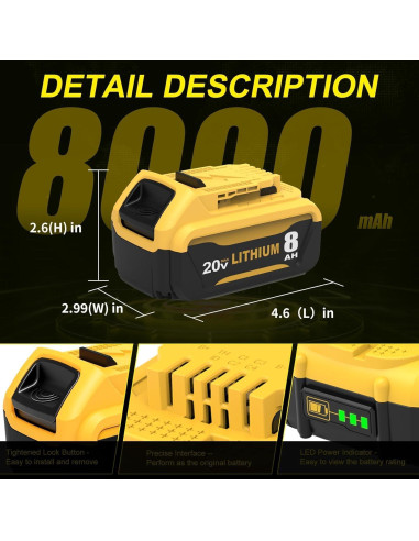 Batería de Reemplazo Dewalt 20V 6000mAh Amarillo DCB206