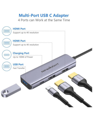 Adaptador USB C a HDMI Doble Newmight 4K 30Hz 100W Carga