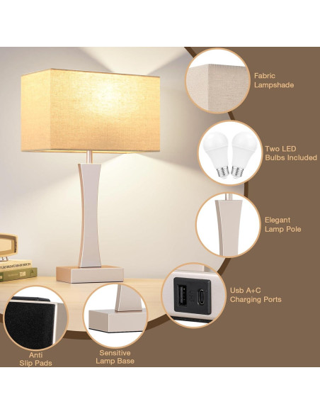 Juego de 2 Lámparas de Mesa Táctiles Seealle con USB C+A