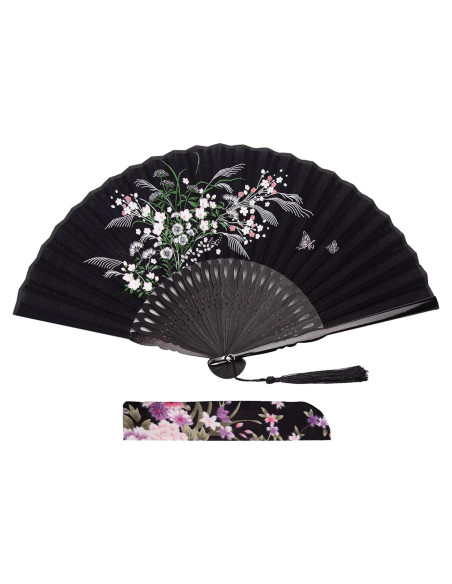 Abanico Plegable JOHAUSE 21 cm Lino Negro Floral con Funda