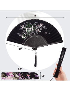 Abanico Plegable JOHAUSE 21 cm Lino Negro Floral con Funda 2