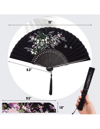 Abanico Plegable JOHAUSE 21 cm Lino Negro Floral con Funda