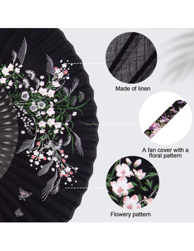 Abanico Plegable JOHAUSE 21 cm Lino Negro Floral con Funda