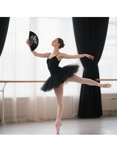 Abanico Plegable JOHAUSE 21 cm Lino Negro Floral con Funda