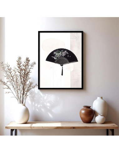 Abanico Plegable JOHAUSE 21 cm Lino Negro Floral con Funda