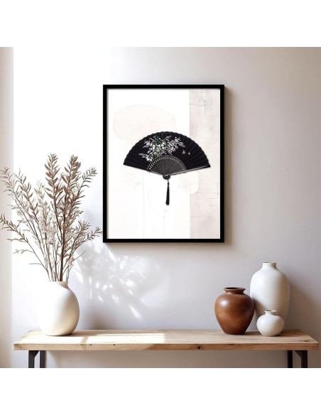 Abanico Plegable JOHAUSE 21 cm Lino Negro Floral con Funda