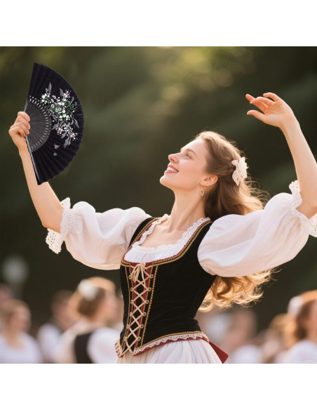 Abanico Plegable JOHAUSE 21 cm Lino Negro Floral con Funda