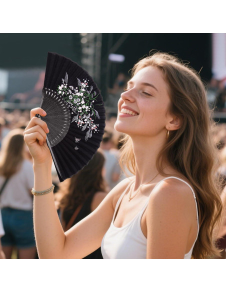Abanico Plegable JOHAUSE 21 cm Lino Negro Floral con Funda