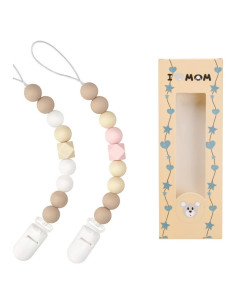 Clip de Chupete de Silicona Grado Alimenticio - Paquete de 2 Beige/Rosa