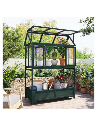 Invernadero Mini de Madera con Ruedas y Almacenamiento Verde 175 cm