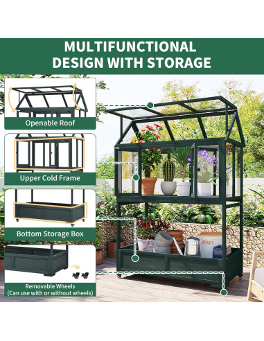 Invernadero Mini de Madera con Ruedas y Almacenamiento Verde 175 cm
