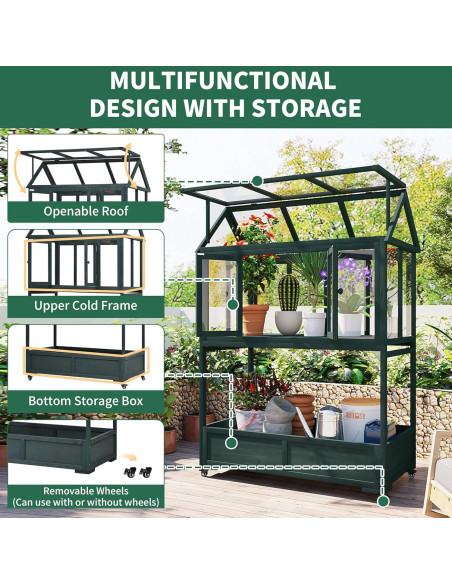 Invernadero Mini de Madera con Ruedas y Almacenamiento Verde 175 cm