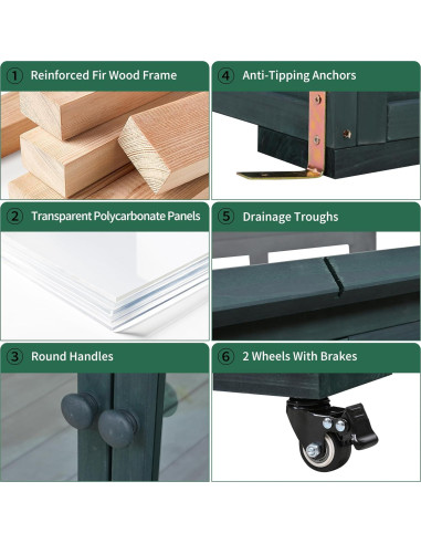 Invernadero Mini de Madera con Ruedas y Almacenamiento Verde 175 cm