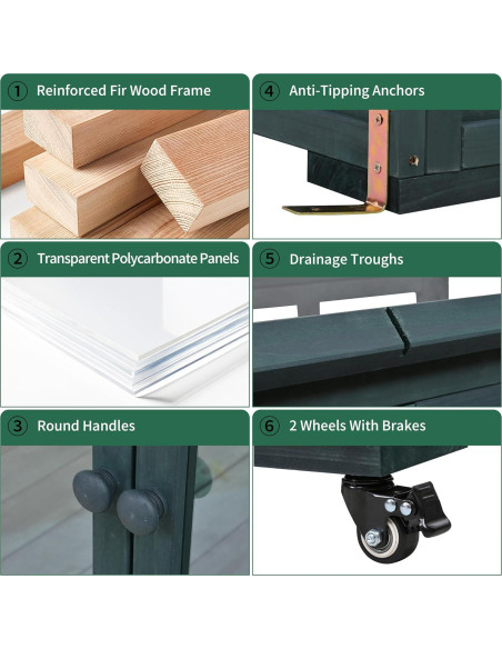 Invernadero Mini de Madera con Ruedas y Almacenamiento Verde 175 cm