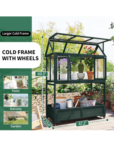 Invernadero Mini de Madera con Ruedas y Almacenamiento Verde 175 cm