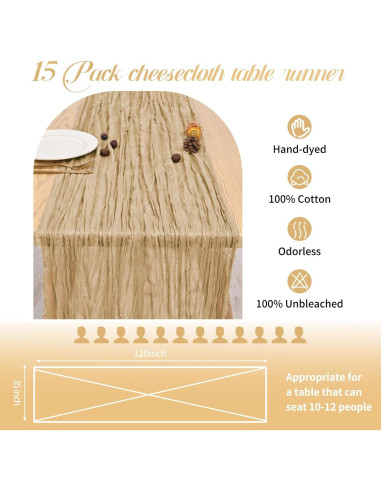 Paquete de 15 Caminos de Mesa de Gasa Beige 3.05m para Bodas