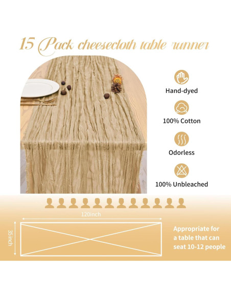 Paquete de 15 Caminos de Mesa de Gasa Beige 3.05m para Bodas