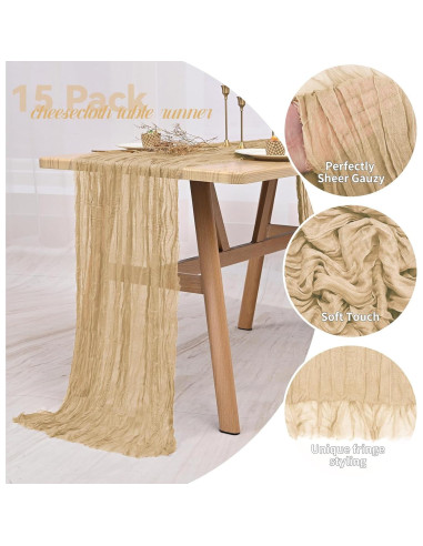Paquete de 15 Caminos de Mesa de Gasa Beige 3.05m para Bodas