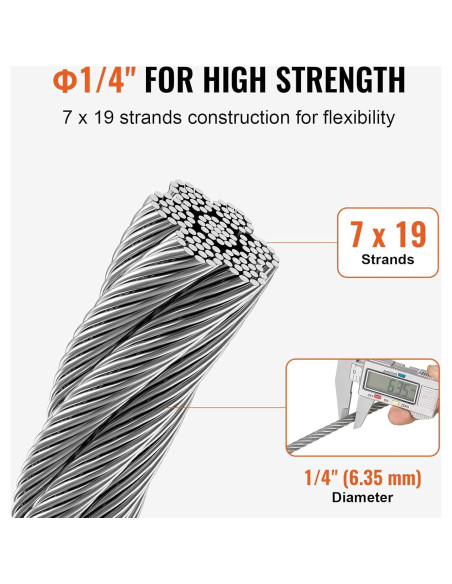 Cable de Alambre de Acero VEVOR 1/4" (6.35 mm) 76.2 m con Guantes