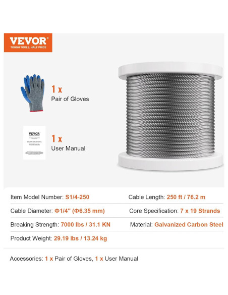Cable de Alambre de Acero VEVOR 1/4" (6.35 mm) 76.2 m con Guantes