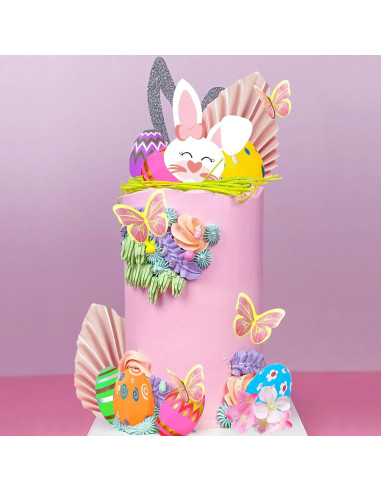 Adorno de Pastel de Pascua DRWATE - Conejo y Huevos 10x14cm